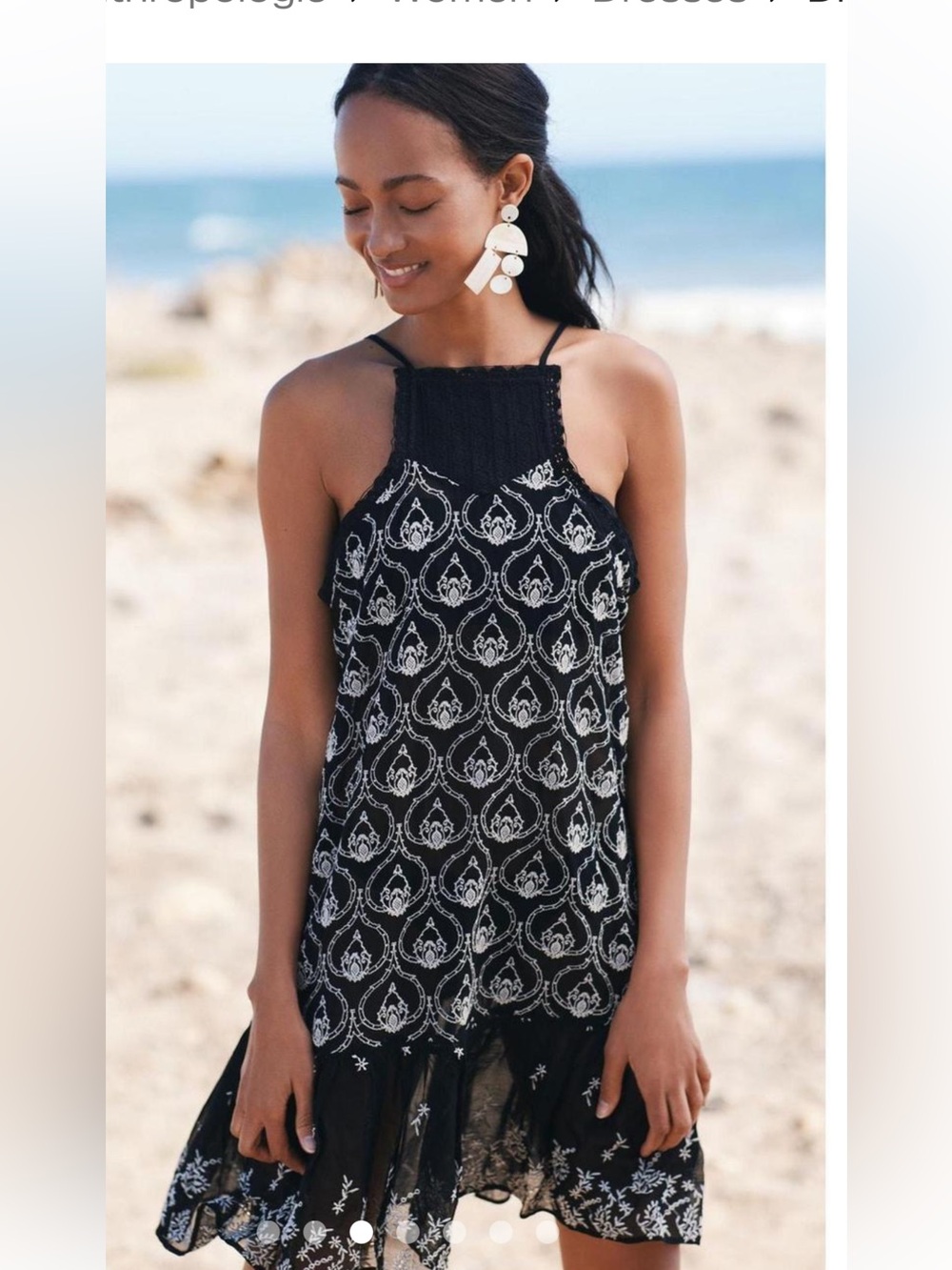 Anthropologie Black Halter Dress with White Medallion Print